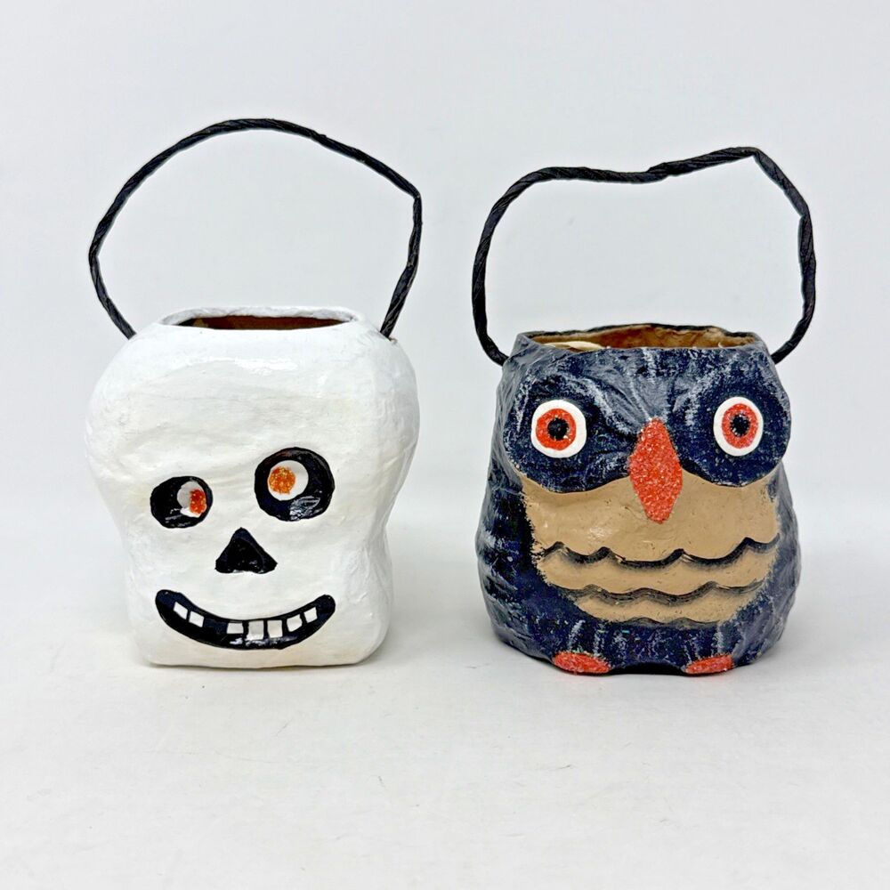 Pottery Barn Kids Paper Mache Owl & Skull Mini Candy Holder Halloween 3x3 Retro